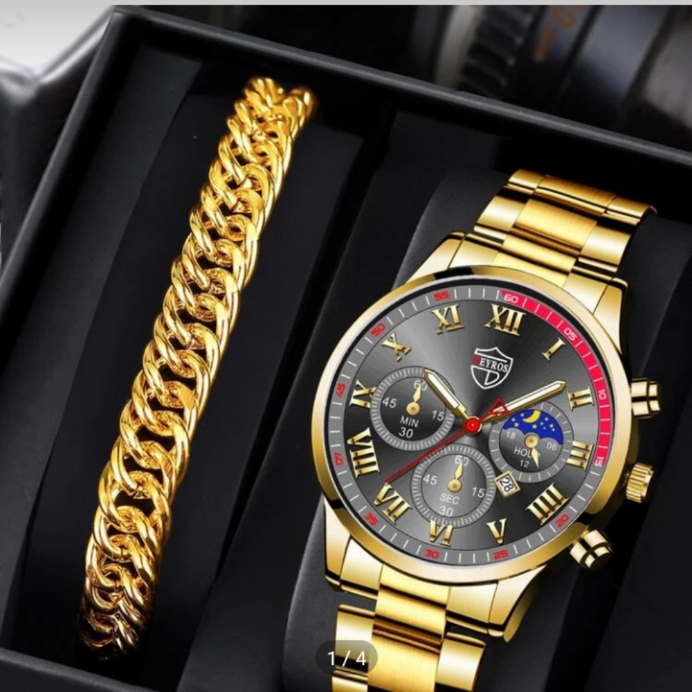 *New* MENS LUMINOUS QUARTZ BUSINESS CASUAL GOLD WATCH AND MATCHING BRACELET